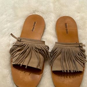Miu Miu flat fringe leather sandals with buckle strap detail